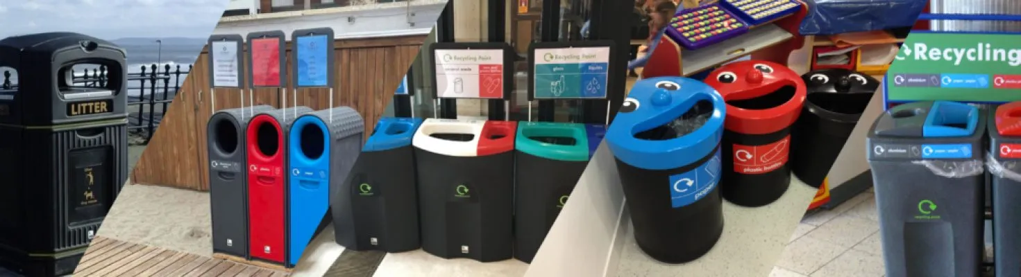 Litter bins and recycling stations in use