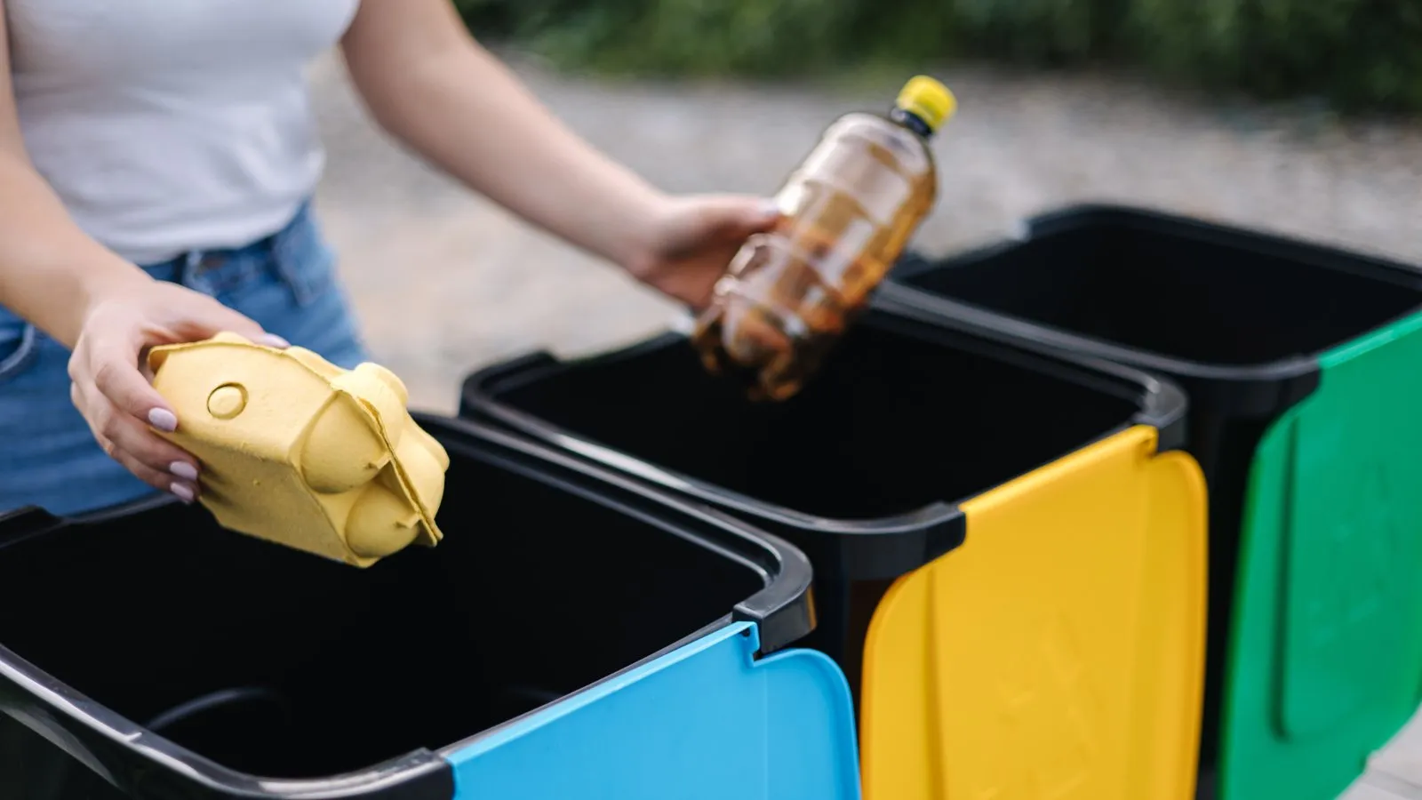 Sorting a bottle and an egg box into colour-coded recycling bins