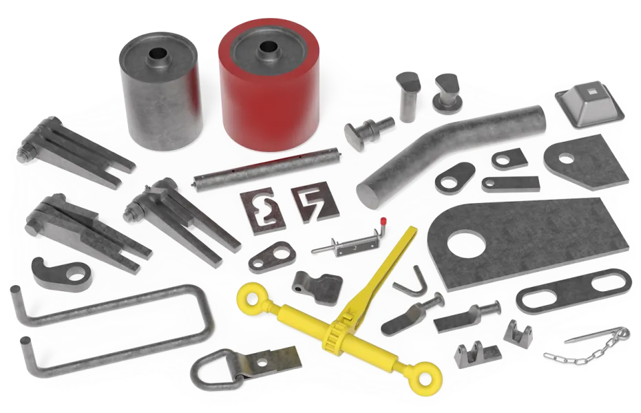 Skip rollers, hinges, lugs and other skip parts